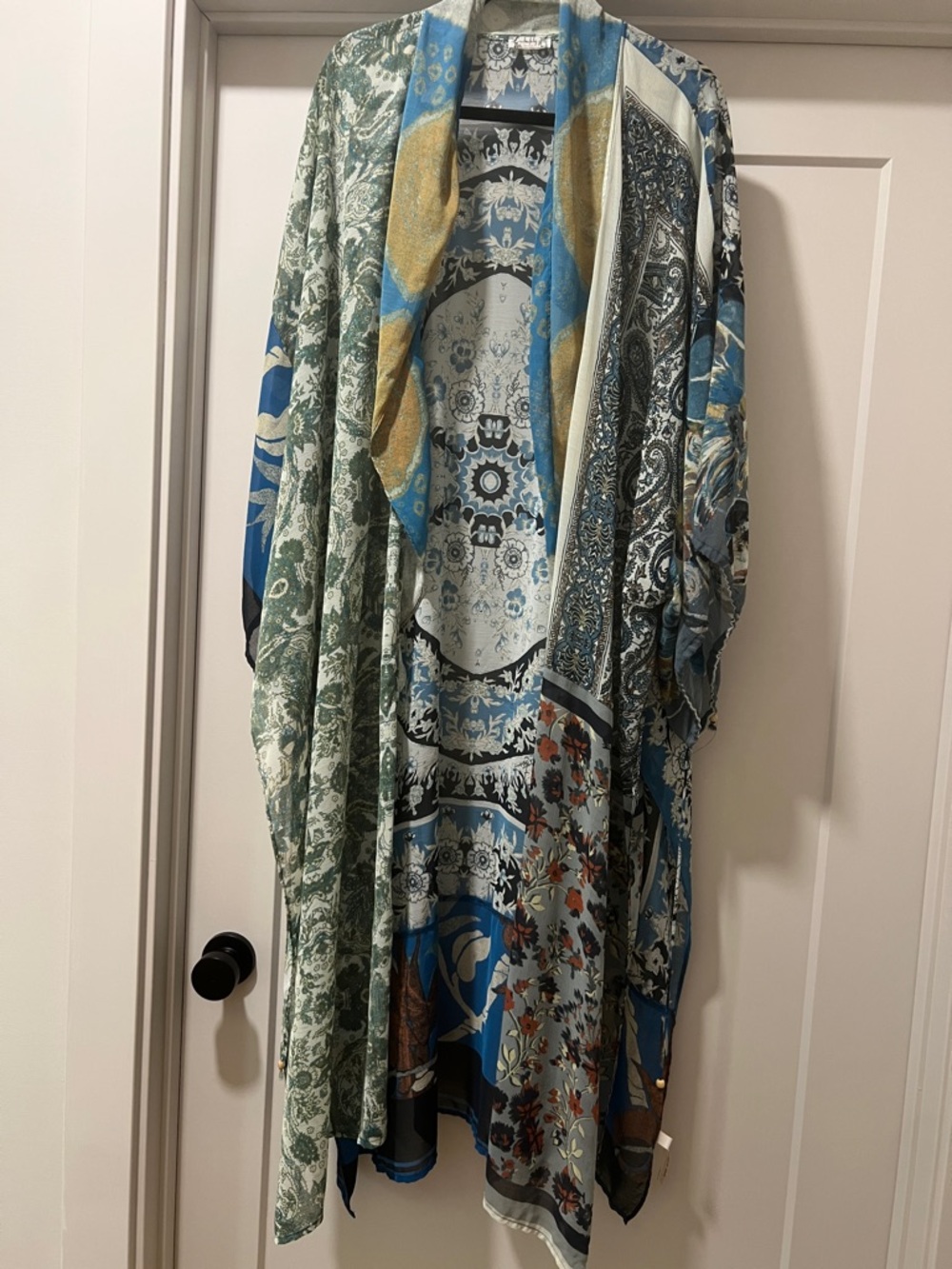 Free People Blue, Green & Gold Patterned Draped Kimono